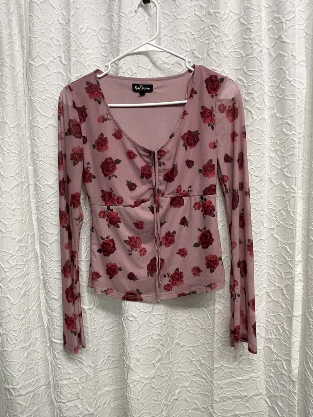 Self Esteem Mesh Top Size S Pink Floral Print Long Sleeve Tie Front